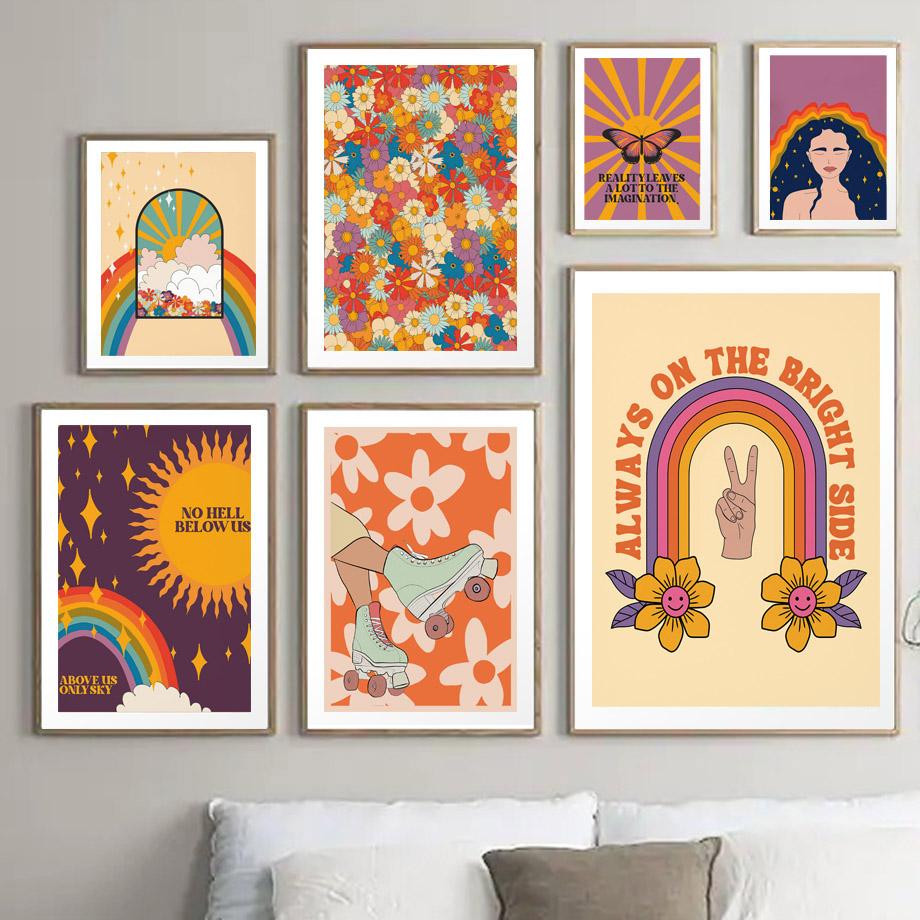 Boho Retro Happy Quote Butterfly Sun Faces Wall Art Canvas Painting Nordic Posters And Print Wall Pictures For Living Room Decor No Frame