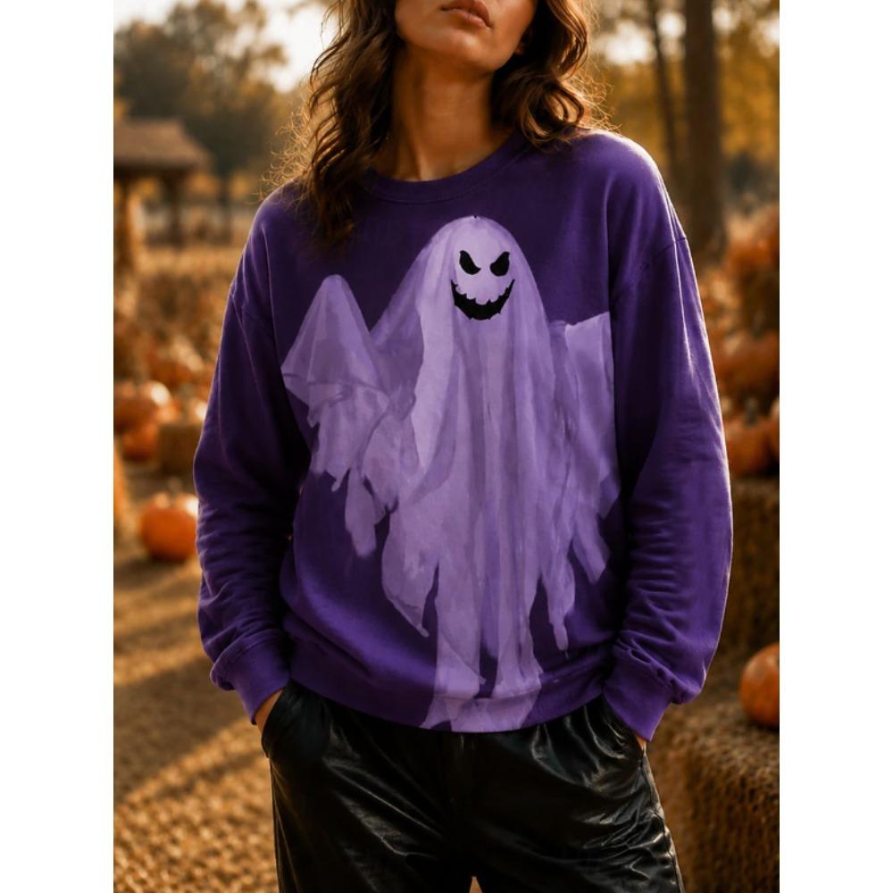 Tops for Women Halloween Print Round Neck Long Sleeve T-shirt Fall Casual Slim Pullover Women's Long Sleeve Top