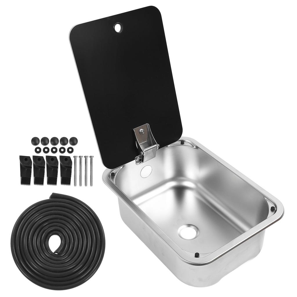 RV Single Bowl Bar Sink 15 X 11 X 5.4in Square Stainless Steel with Tempered Glass Lid and 40mm Drain Hole for Caravan