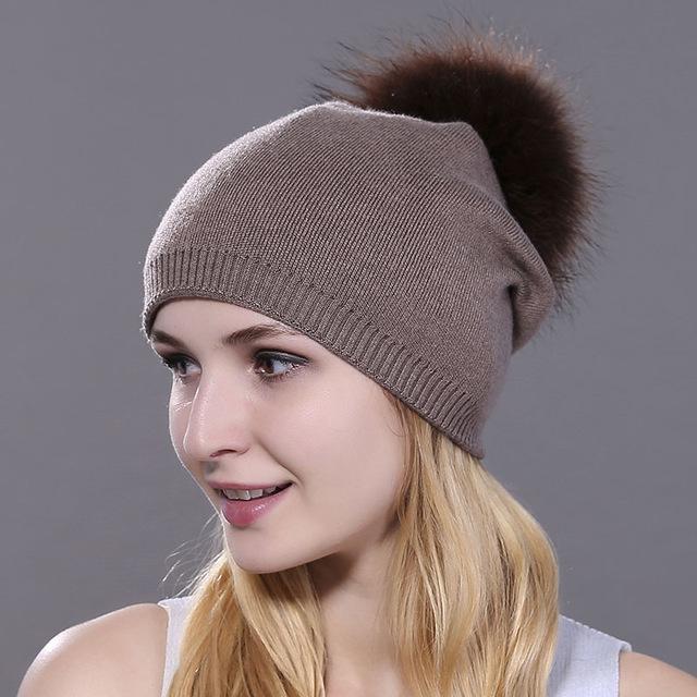 Winter Fur Pom Pom Hat Real Raccoon Fur Ball Beanie Hats Women Knitted Fur Pompom Hat коричневый