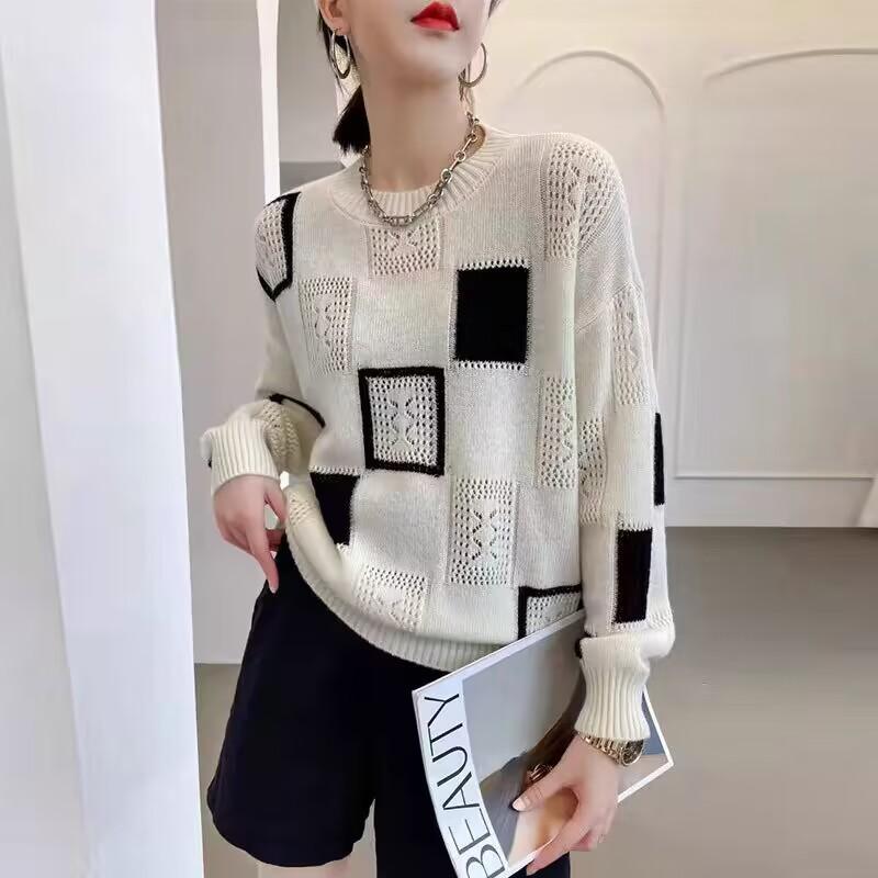 Black White Color Block Grid Knit Top Autumn Korean Slim Casual Loose Versatile Mesh Long Sleeve Round Neck Shirt