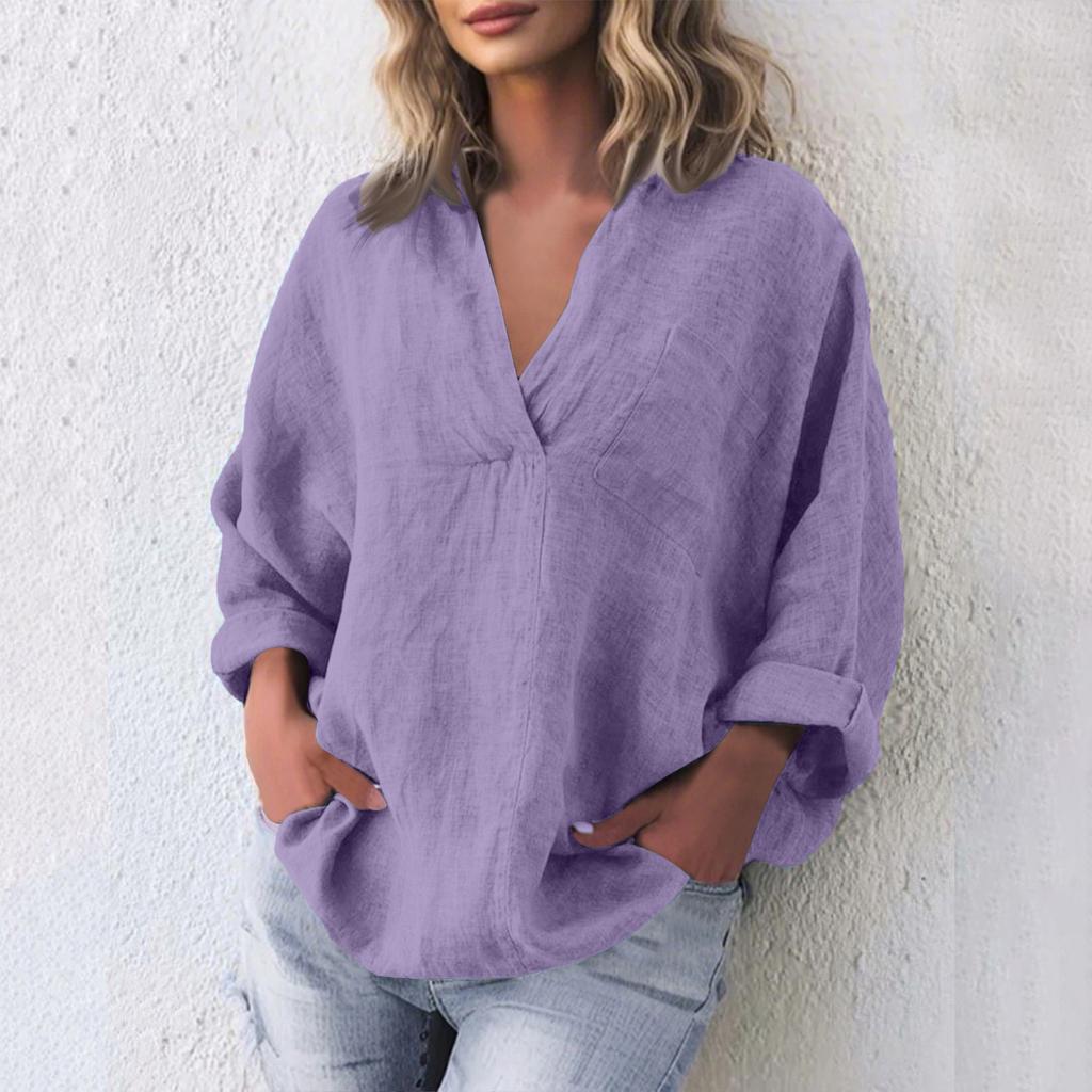 Damska modna bluzka z długim rękawem i dekoltem w serek, wykonana z bawełny i lnu