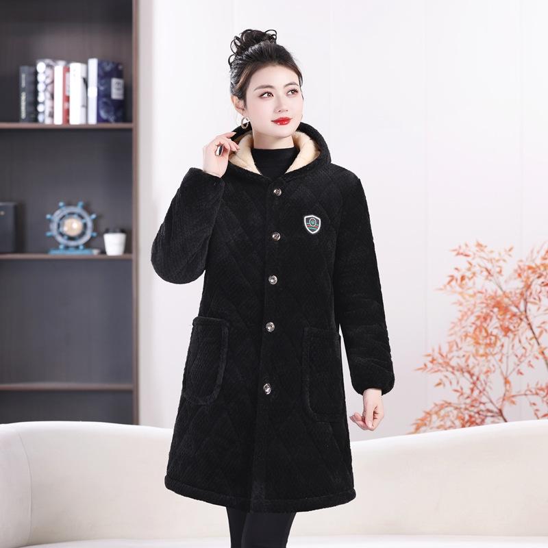 

Women s Mid-Length Cotton Jacket - Autumn/Winter Outerwear, Loose Fit, Cold Protection, Home Wear, Cover-Up, Keep Warm 5XL (145-165 jin) чёрный
