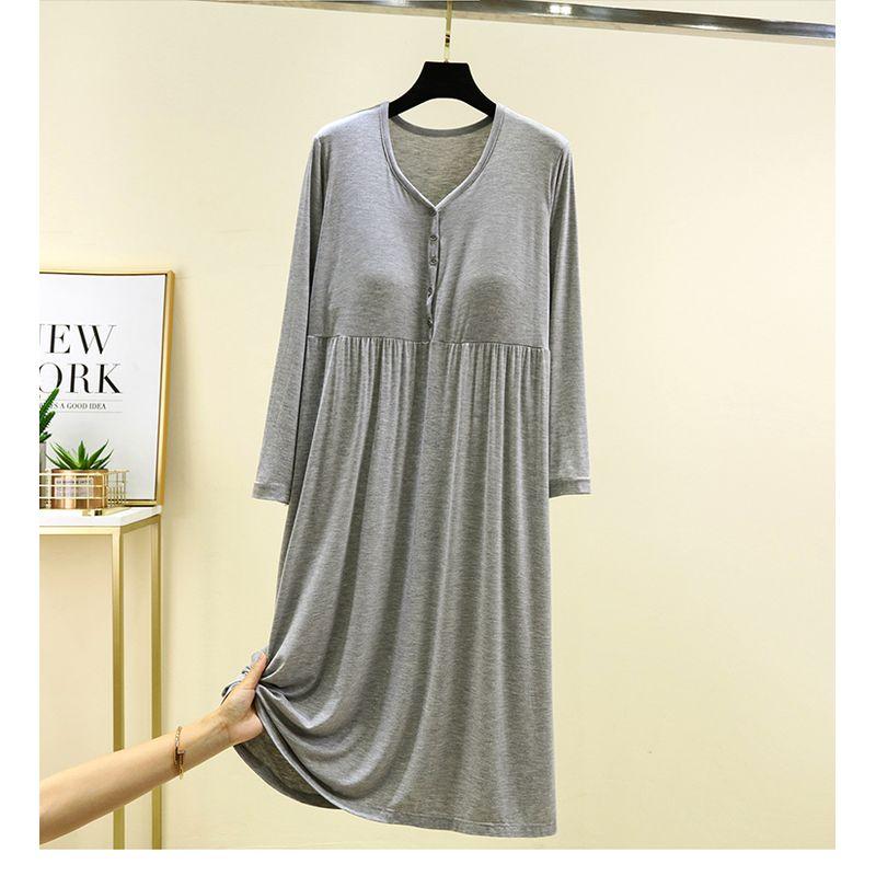 

Summer Modal Chest Pad Dress plus Size Waist Trimming V Neck Sleeping Dress Long Sleeves Bra-Free Long Slim Looking Nightdress Light gray Free size (recommend 40.00 kg-90.00 kg