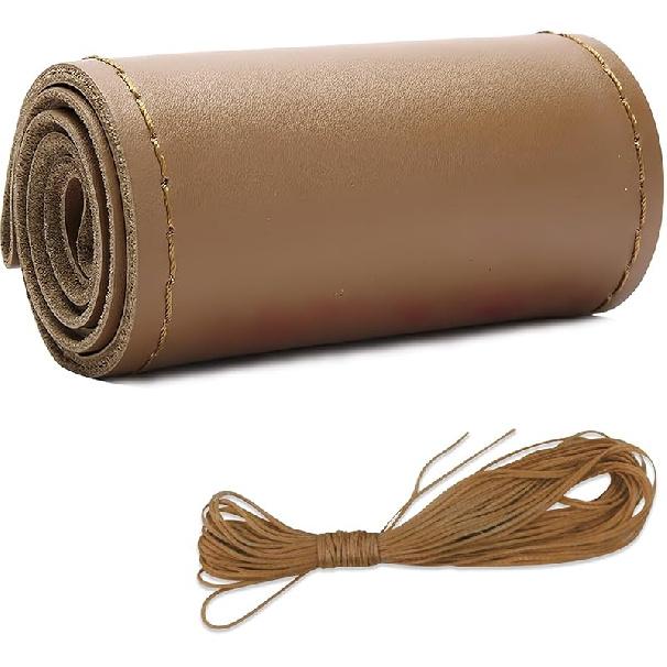 Leather Steering Wheel Cover, DIY Sewing with Needle & Thread, Breathable Anti-Slip Car Steering Wheel Protector, Universal 15 Inch Auto Steering