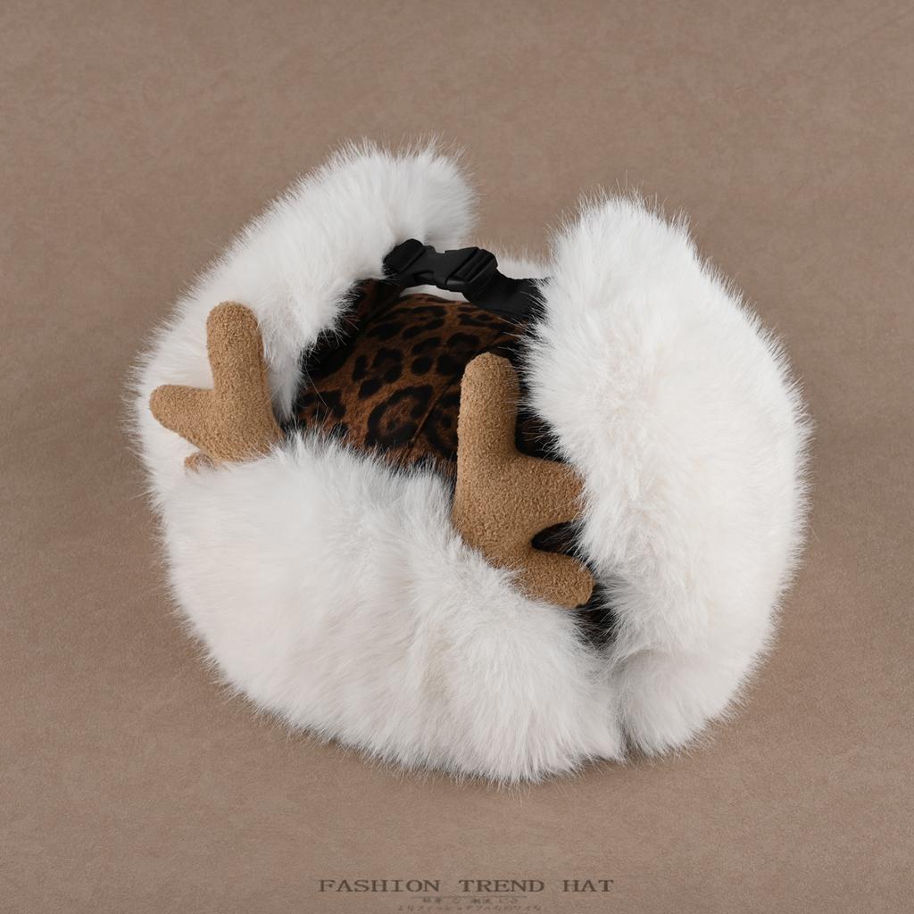 Antlers Leopard Print Hat Women's Winter Thickened Plush Ear Protection Hat Men's Outdoor Cycling Cold-proof Snow Mountain Hat