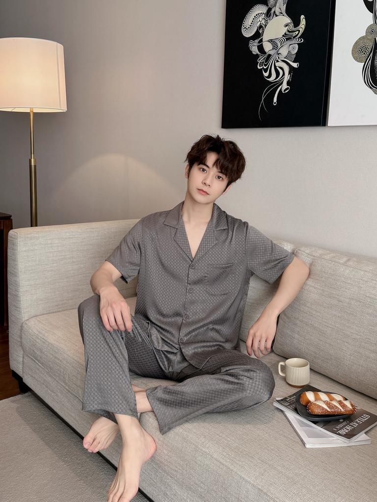 Simple Light Luxury Jacquard Men's Aunt Pajamas Spring and Summer Ice Silk Satin Long-sleeved Comfortable Suit Can Be Worn Outside Loungewear