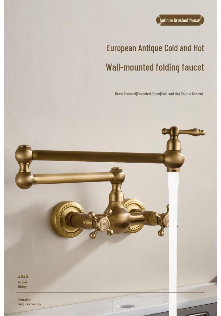 Retro French Copper Wall-Mounted Double Handle Faucet for Kitchen and Balcony.