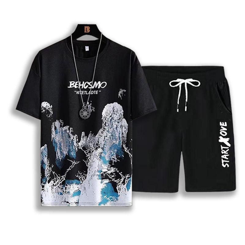 Men's Casual Sport Ice Silk Suit Printed Sweatshirt Sweatpants Outdoor Jogging Sports Basketball Training Fitness 2 Piece Suit