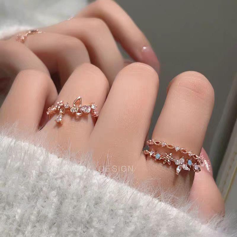 Flower Ring - Women's Fresh and Cute Small Engraved Small Flowers Double-Layer Hollow Open Wave Student Style Finger Ring