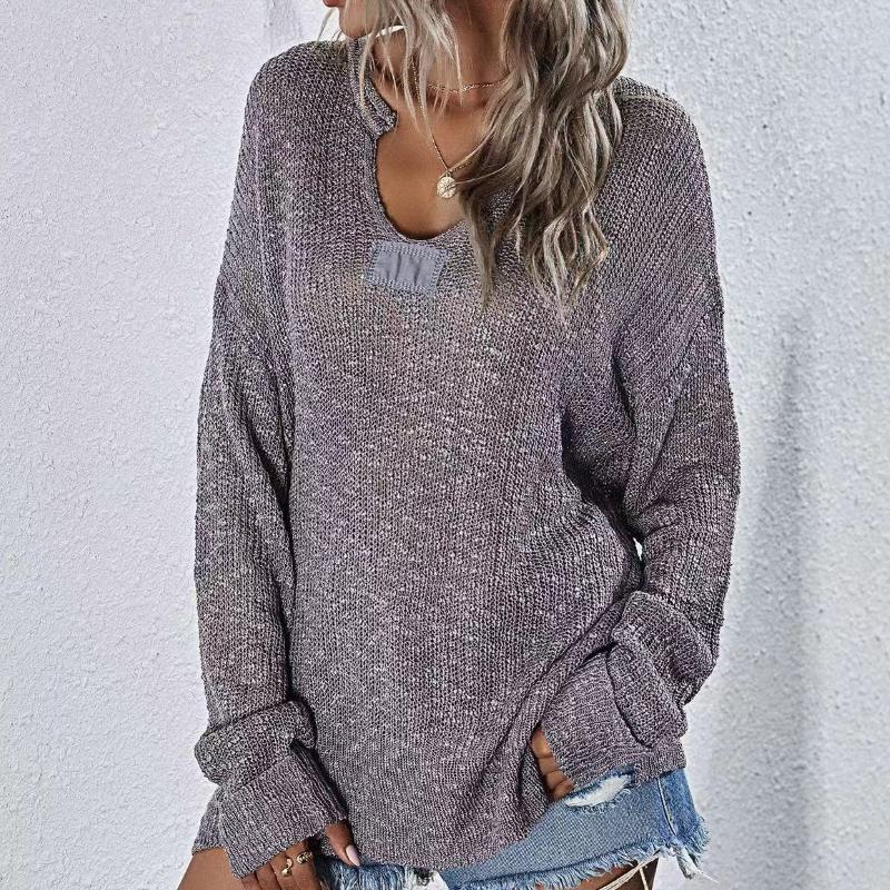 IHUASU Autumn and Winter V-neck Women's Knitted Loose Solid Colour Fashion Pullover Jumper
