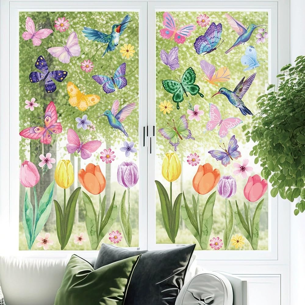AOWDIAO Spring Window Clings - 83 Pcs Watercolor Flower, Butterfly, Hummingbird, Mushroom, Tulip Glass Stickers - Reble Double-Sided Window Decor for