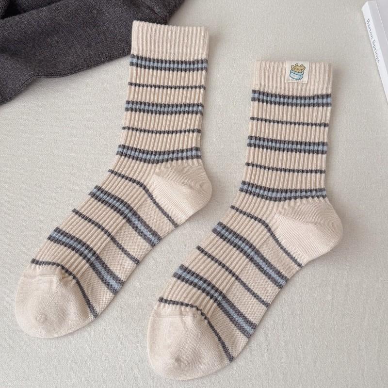 Grey Striped Socks Medium Tube Socks Cute Embroidered Puppy Cloth Label Curled Edge Socks Trend Socks