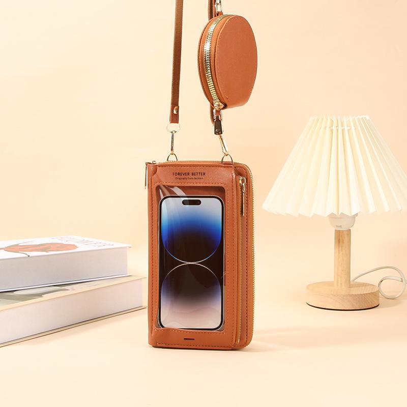 

Transparent perspective touchscreen mobile phone bag ladies bag hot-selling women s bag simple and fashionable oblique shoulder bag світло-коричневого кольору