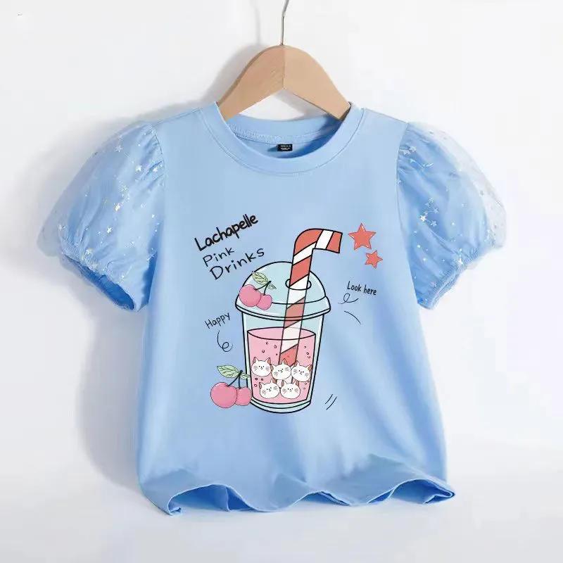 Dívčí tričko s krátkým rukávem léto Dětské s nafouknutým rukávem letní princezna Růžový s polovičním rukávem