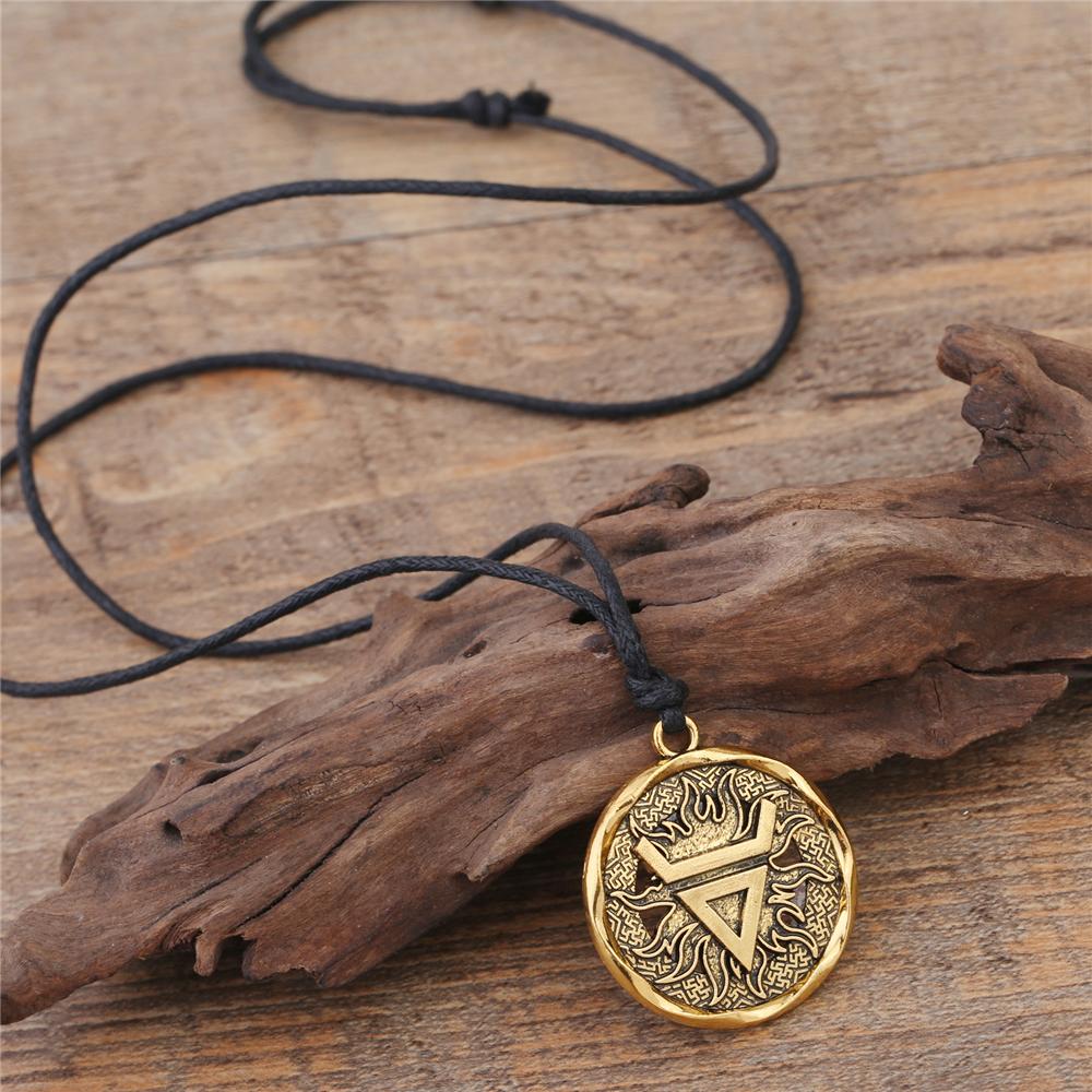 Teamer Wicca Round Necklace Men Norse Viking Runes Tree of Life Seal Pendants Wax Cord Link Chain Men's Necklace Jewelry Gifts