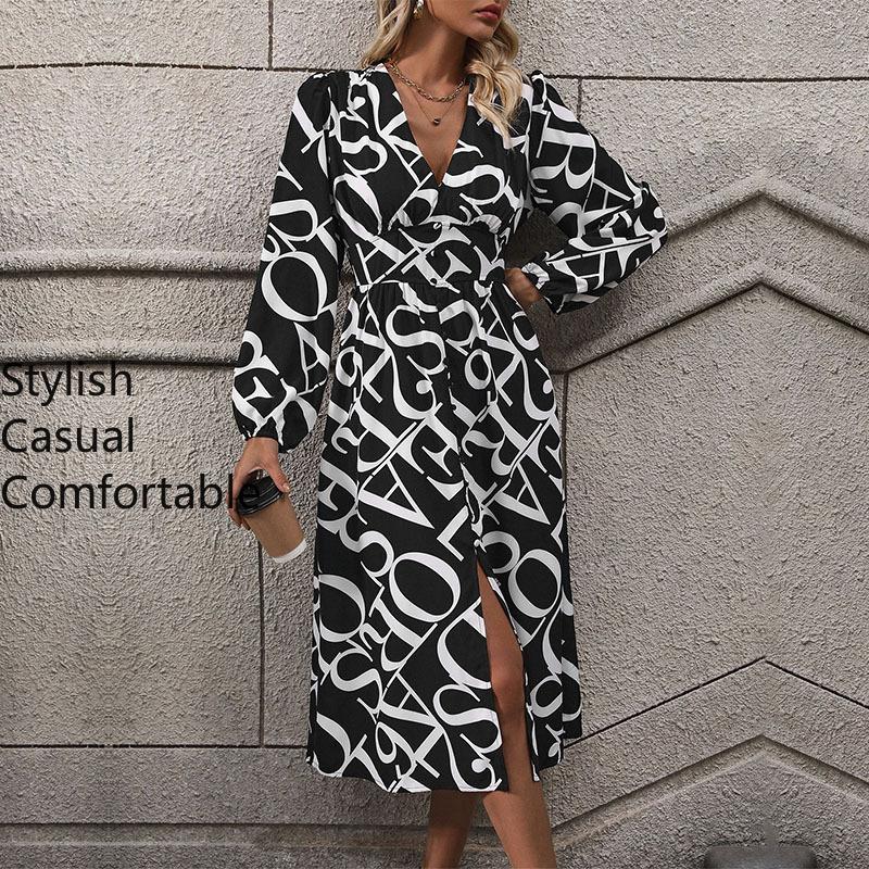 YYFS Moda dama toamna iarna imprimeu geometric cu maneca lunga cu decolteu in V talie mijlocie rochii casual