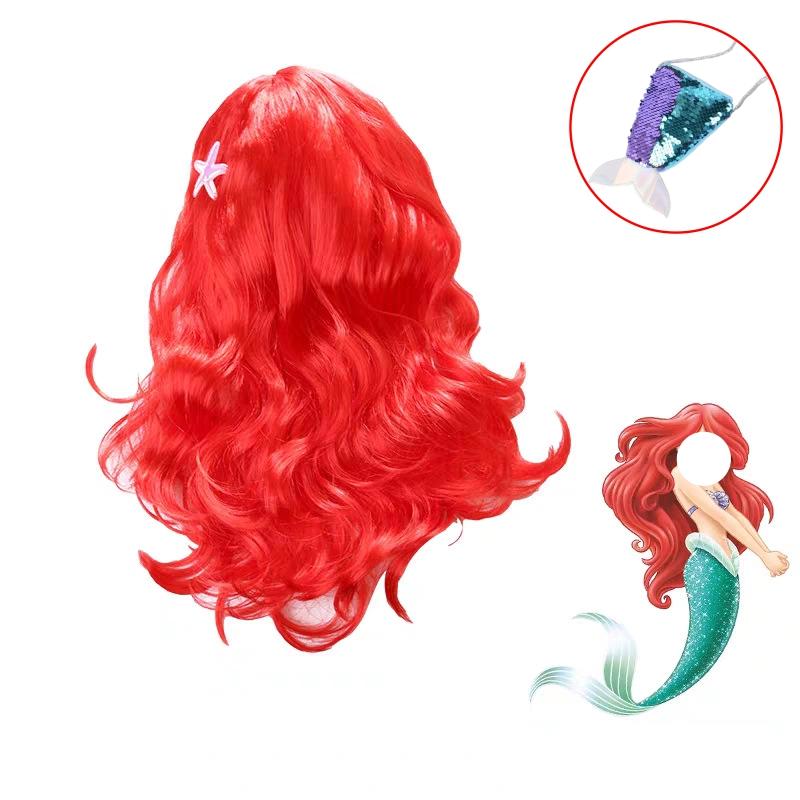 Ariel Little Mermaid Wig for Girls Red Wavy Long Hair with Cute Mermaid Tail Purse Bag Halloween Carnival Cosplay Accessories