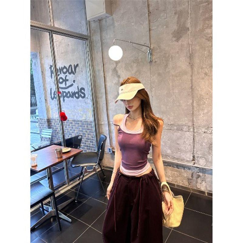 Kumikumi Gyaru Set Contrast Color Fake Two Pieces Cami Women Summer Drawstring High Waist Wide Leg Pants Two-piece Set