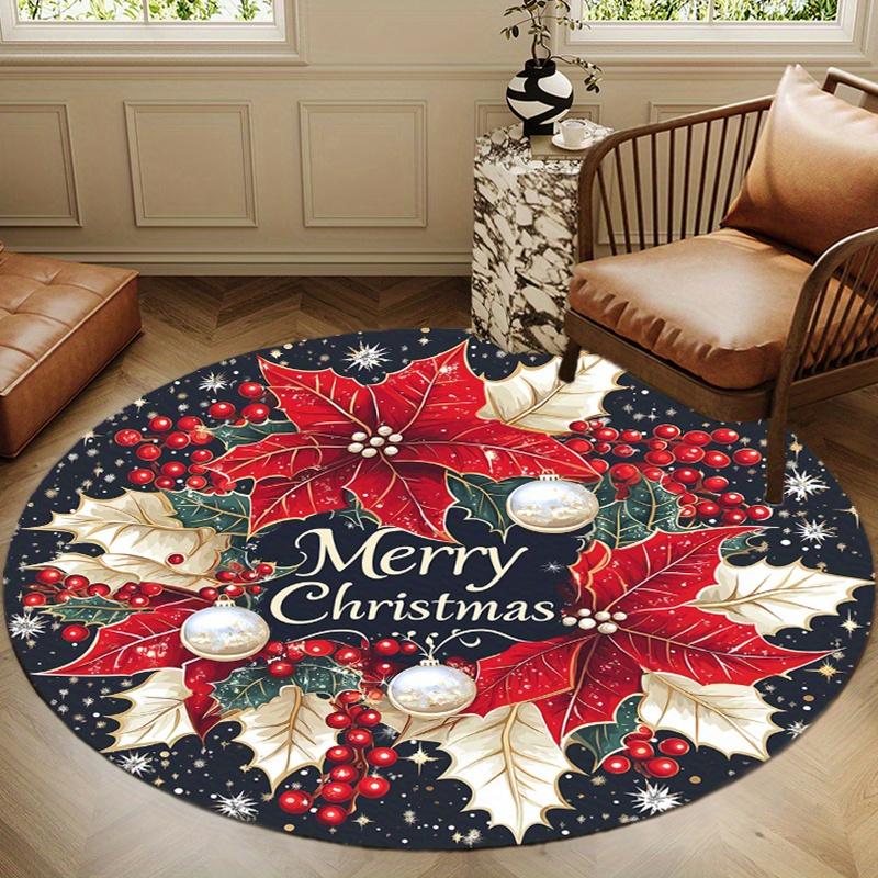 1pc Festive Christmas Round Mat with Poinsettia, Holly Berries and "Merry Christmas" Text - Non-Slip for Living Room, Bedroom