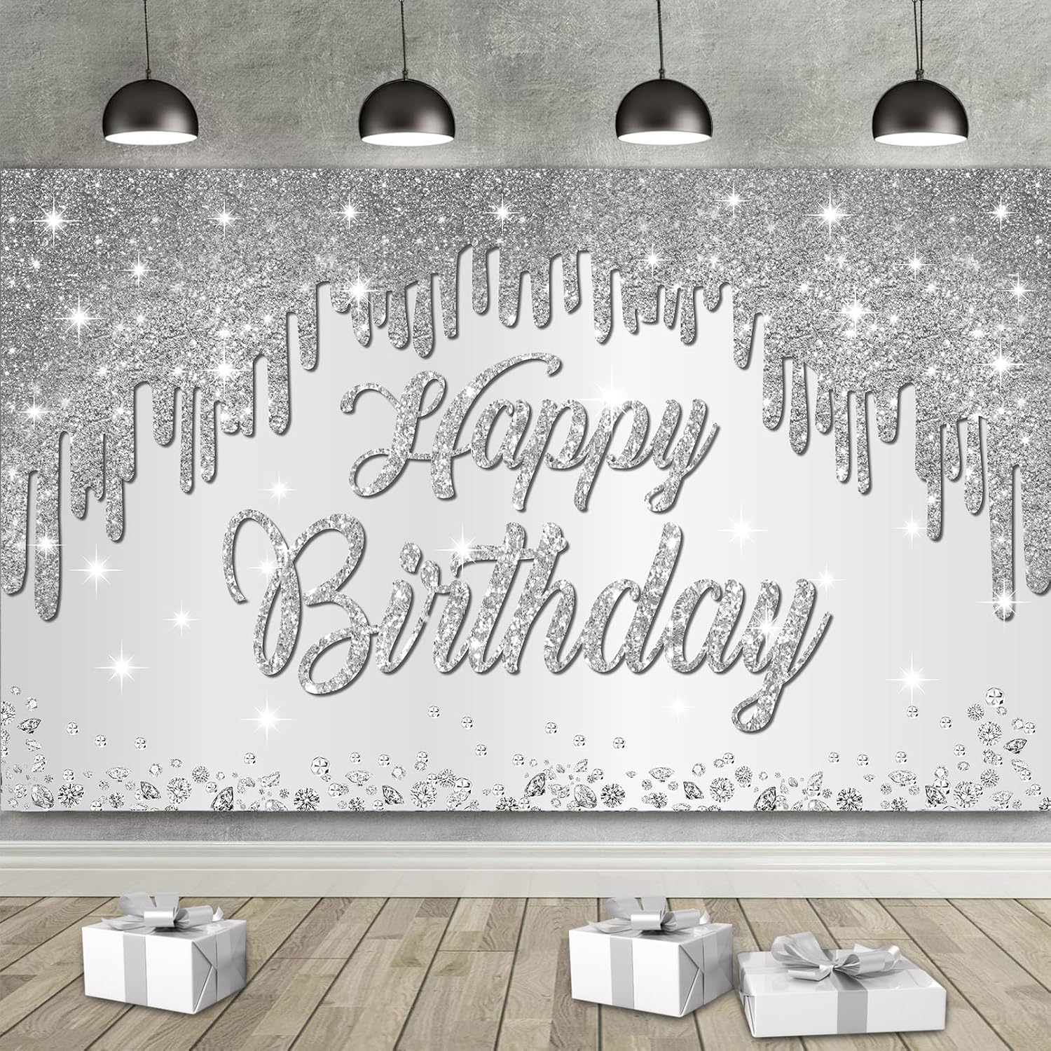 Happy Birthday Banner Silver Birthday Decorations for Women - Large Happy Birthday Backdrop Photography Background Banner Sign, Birthday Party Decor