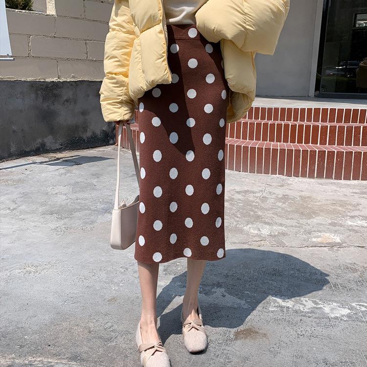 Pencil Skirt Women's Fashionable Polka Dot Knitted Midi Skirt High Waist Slim-Fitting Thickened Slit Skirt