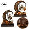 Vintage Halloween Tiered Tray Decor Swinging On Moon Decoration, Spooky Reading Ghost/Skeleton Wooden Bookshelf Ornament Distressed Wood Sign