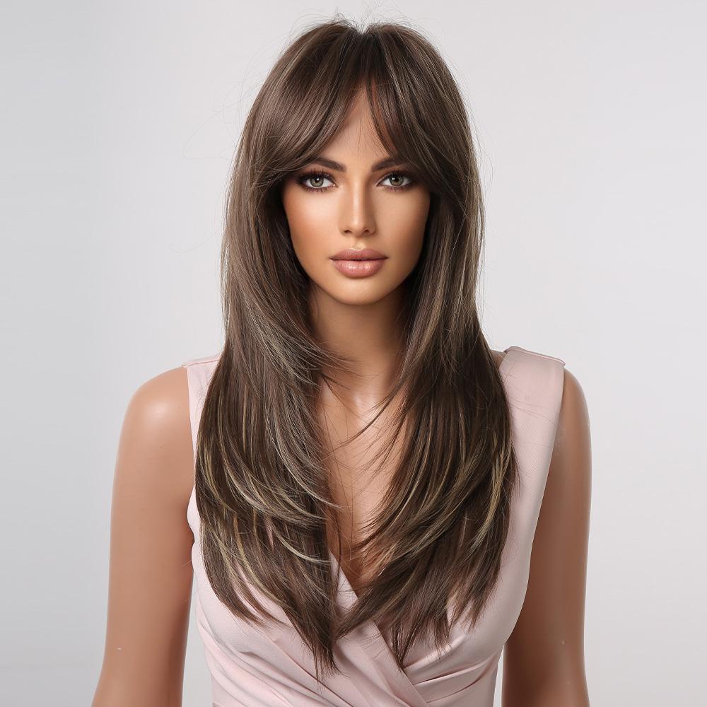 Miękkie, proste, brązowe, warstwowe peruki syntetyczne z długą grzywką