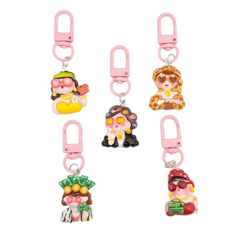 Funny Cartoon Rich Lady Keychain Pendant for Students – Girlish Leopard Print Decoration