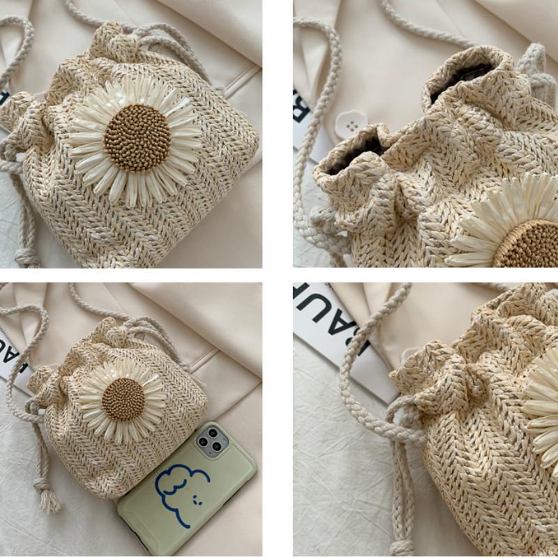 Damen Tasche Sommer Strand Stroh Taschen Klassische Textur Sonnenblume Kordelzug Gewebte Eimer Crossbody Schulter Messenger