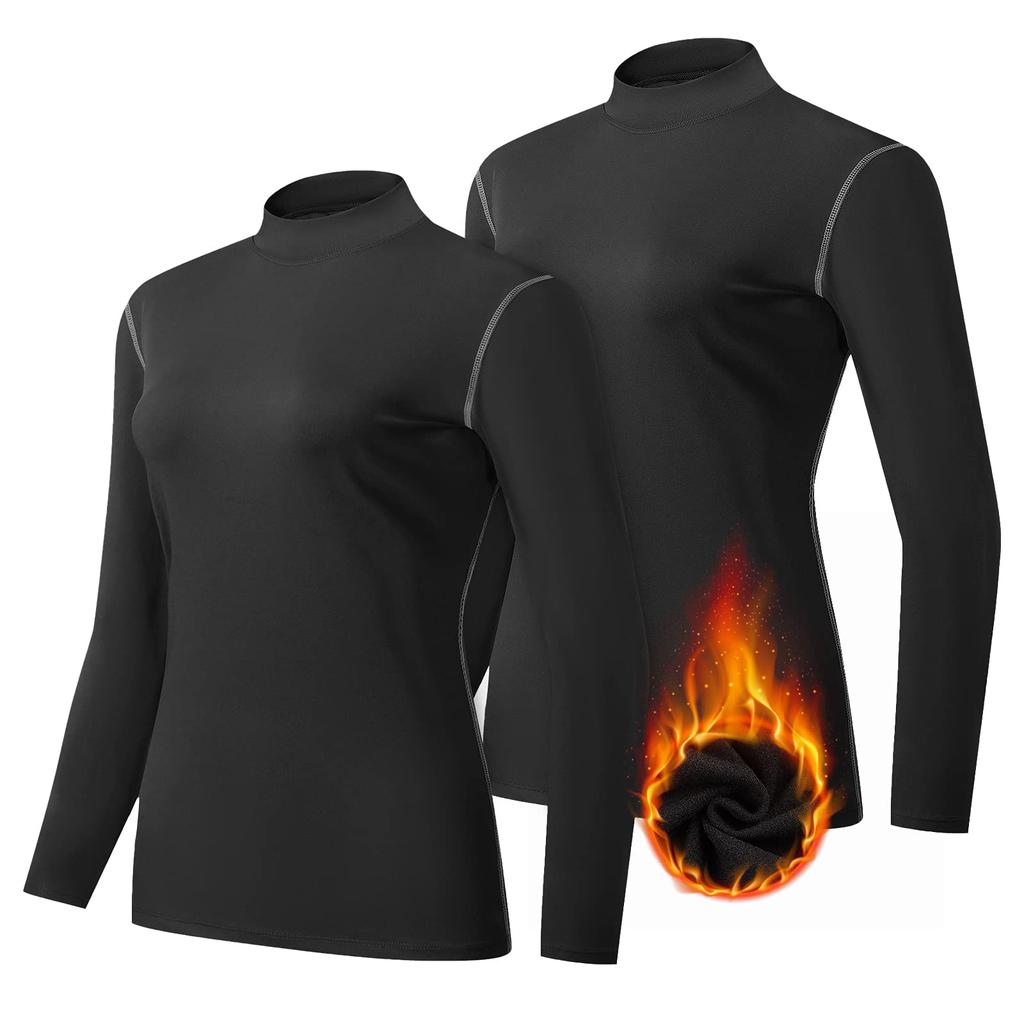 [Sillictor] Women's Sports Inner Shirt, Brushed Lining, High Neck, Long Sleeve, Compression Tops, Underwear [Ventilation, Quick Drying, Heat
