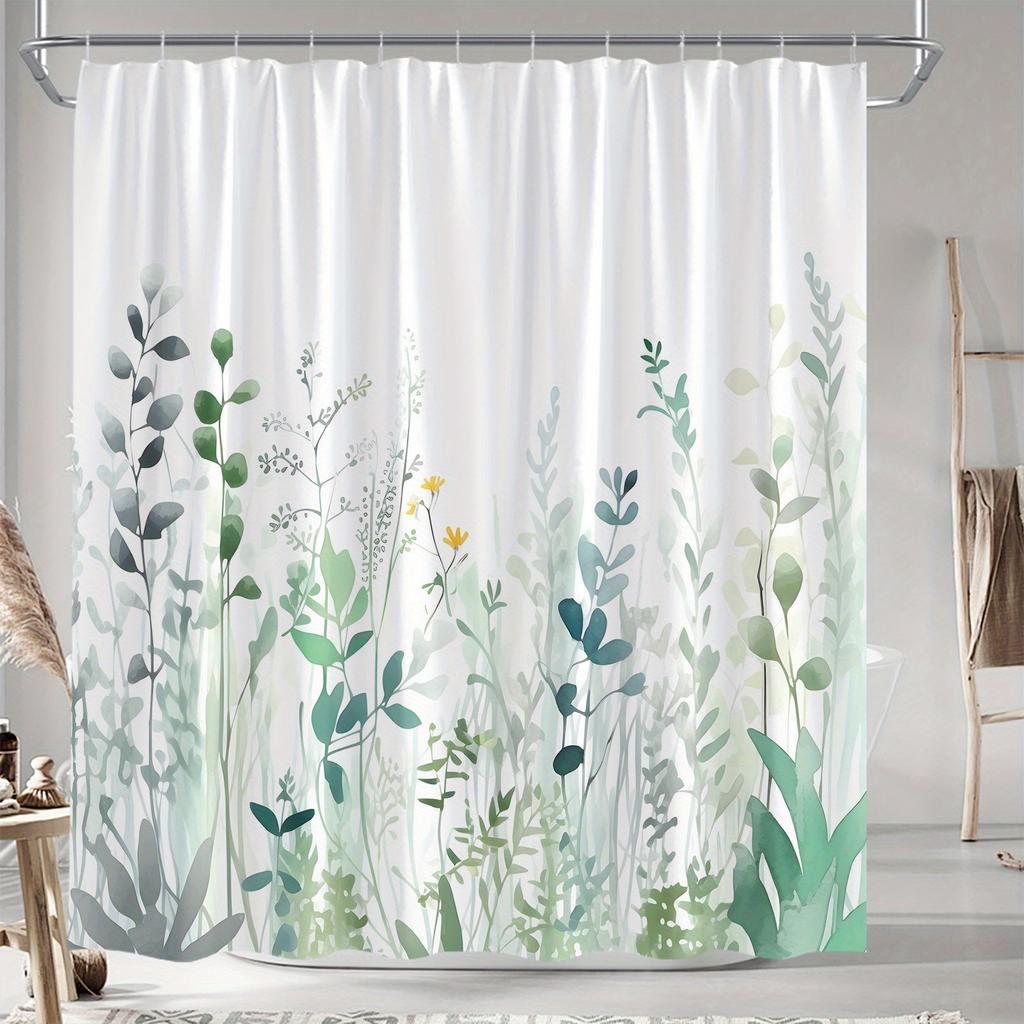 1pc Wildflower And Weed Shower Curtain with Natural Green Landscape, 70X70 Inch Polyester Shower Curtain, 12 Hooks.