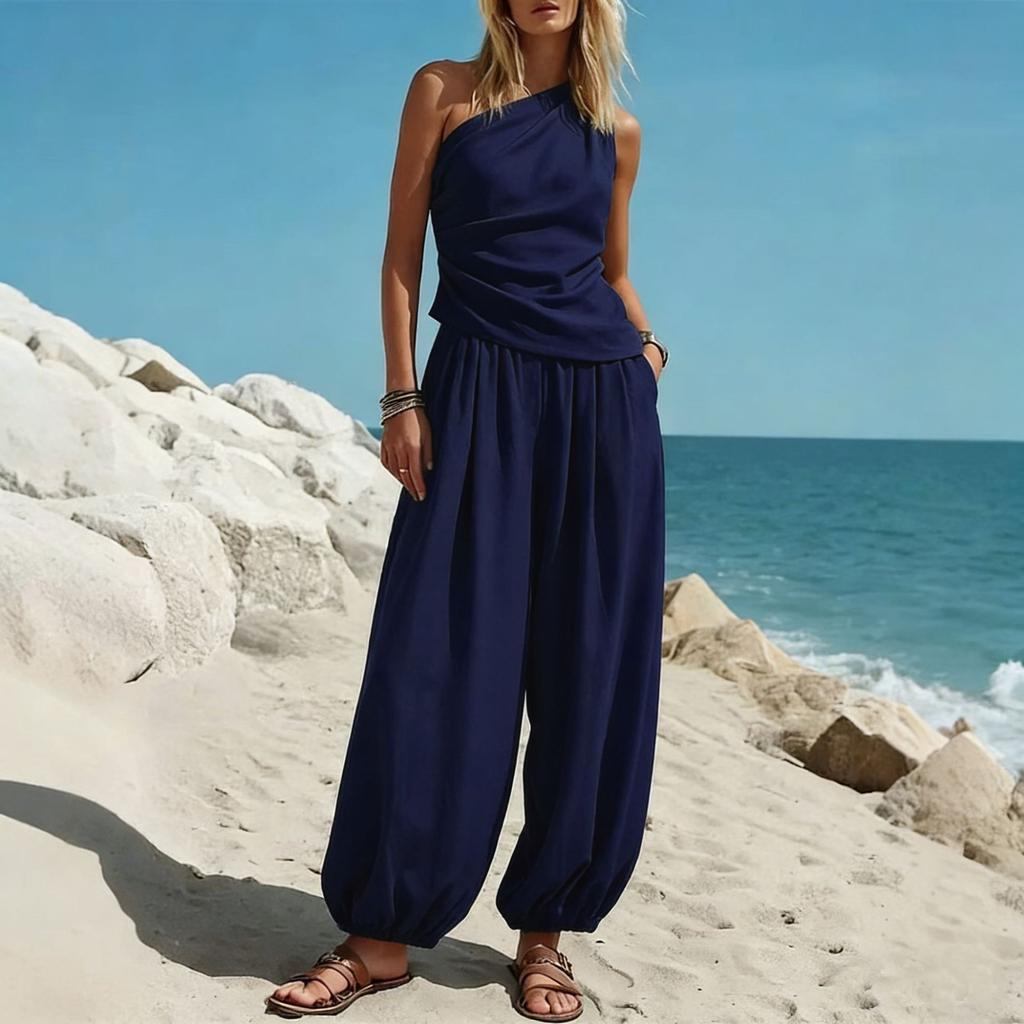 Womens Multi-Color Casual Two-Piece Set Off Shoulder Top with Loose Wide Leg Pants