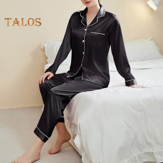 2-teiliges Pyjama-Set aus Satin, einreihig, Strickjacke, V-Ausschnitt, Reverskragen, einfarbiges Hemd, weite Hose, lockere Hose, Nachtwäsche