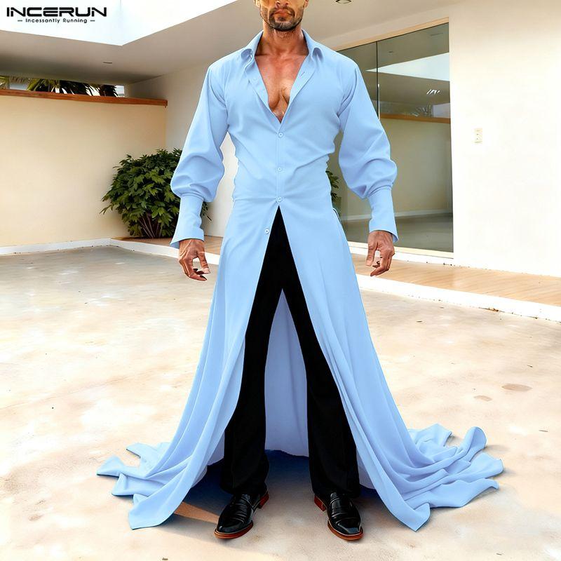 INCERUN Men Lapel Neck Long Sleeve Button Up Casual Long Shirts Tops