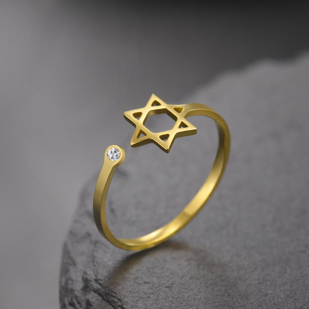 Hexagram Hollow Open Ring With Star Diamond Accents Elegant Versatile Fashion Hand Jewelry