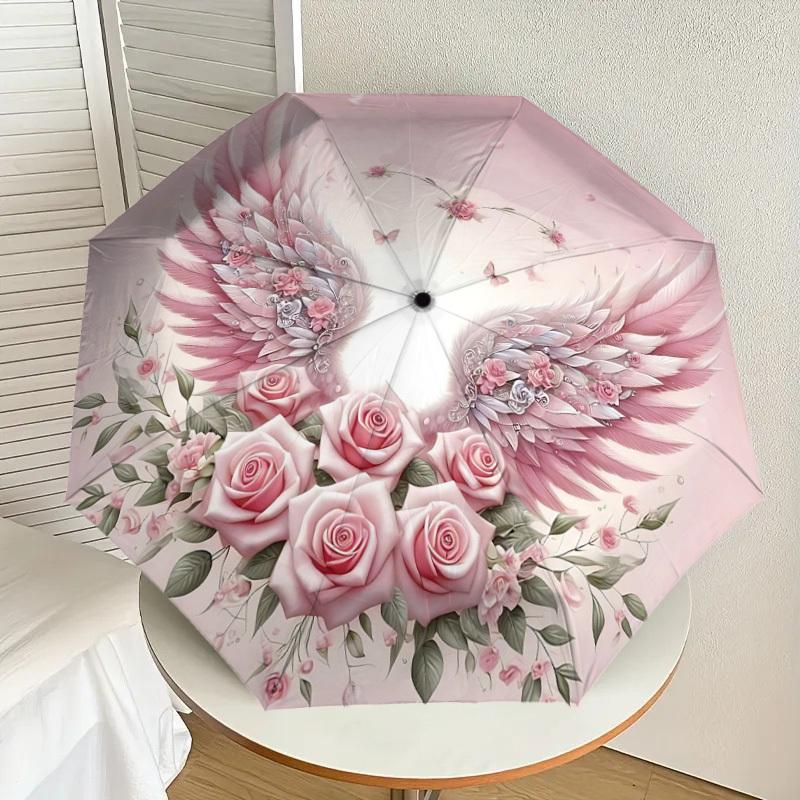 1pc Wings Flowers Automatic Open/Close Umbrella Compact Folding Umbrella with 8-Rib Shaft for Women/Men, Portable Travel Umbrella,1237S