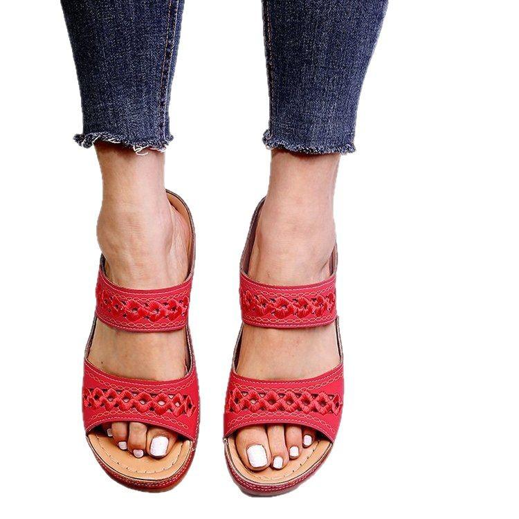 Heel thick bottom hollow slippers women's round head light casual one-pedal sewing line slippers