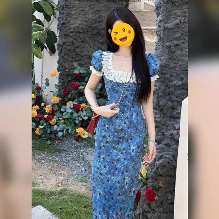 French square collar lace floral fashion foreign style long dress summer new chic age reduction long