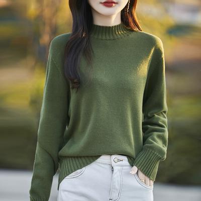 Autumn and Winter Pure Cotton Women's Half-high Neck Long-sleeved Knitted Sweater Loose and Versatile Warm Bottoming Shirt Top