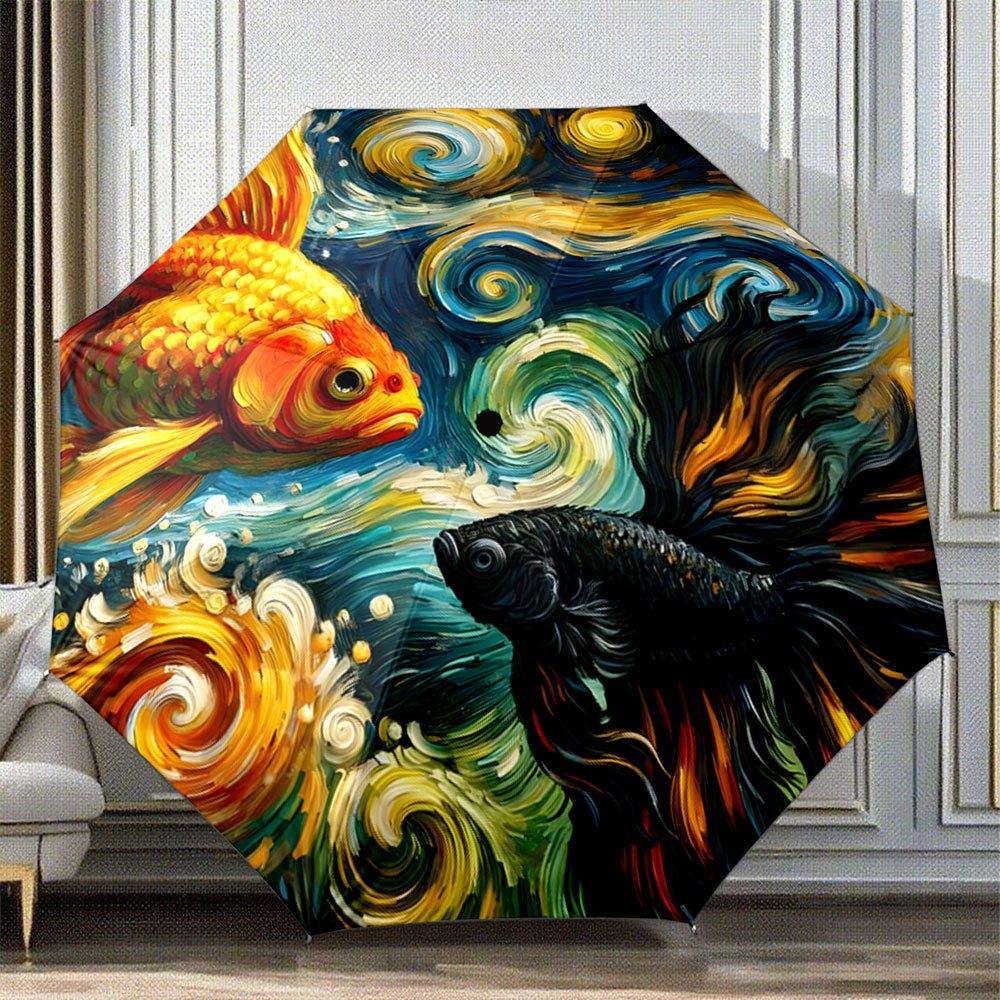 

Automatic Folding Umbrella with Goldenfish & Black Fish Swirling Patterns - 8-Rib Portable Collapsible Design, Vibrant Colors, (as the picture,Iron&8K)