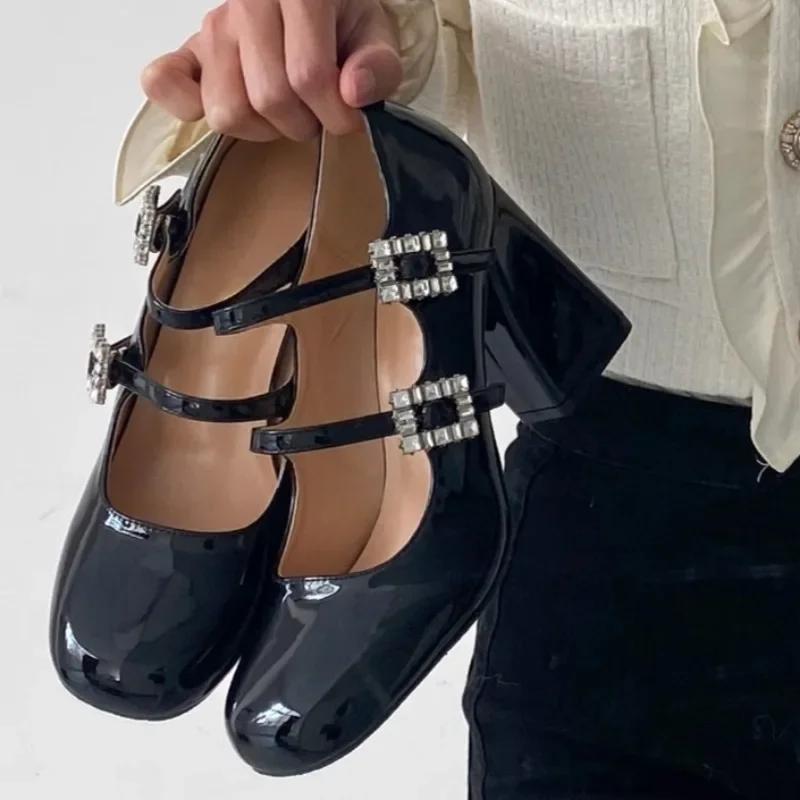 Fashion Elegant Woman Heeled Shoes Round Toe Shallow Mary Janes Women's High Heels Fashion Chunky Heel Buckle Strap Female Party Pumps
