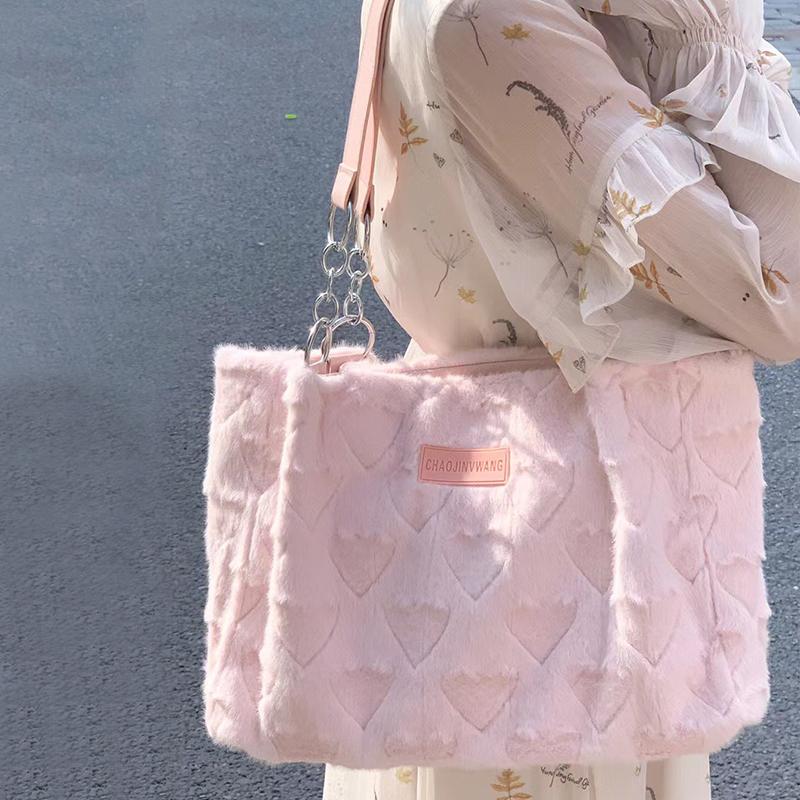 

Милые пушистые женские повседневные сумки-тоут с сердечком любви, женская милая сумка через плечо/подмышку, однотонные женские модные плюшевые сумки ARI 36x9x24cm розовый