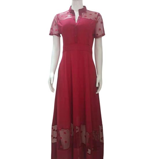 Women Summer Dress Mesh Dot Pattern V Neck Chiffon Slim Large Hem