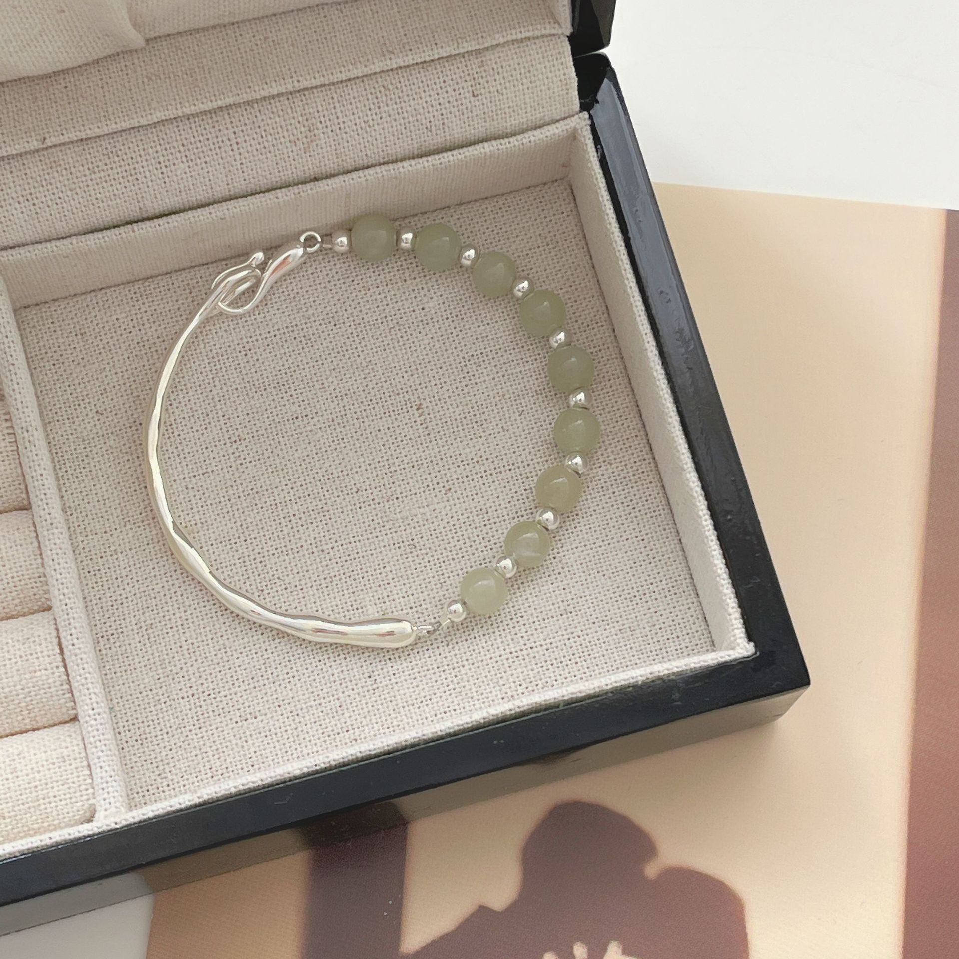 

Real Shot S925 Стерлинговое Серебро Новый Китайский Стиль Ретро Полу-Браслет Натуральный Нефритовый Браслет Хотан Нежный Дизайн Браслет Мода Adjustable size