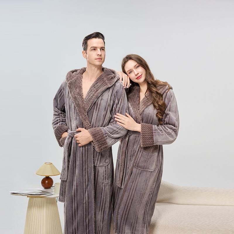 Cozy Couple Jacquard Fleece Long Robe - Hooded Autumn/Winter Bathrobe for Men & Women