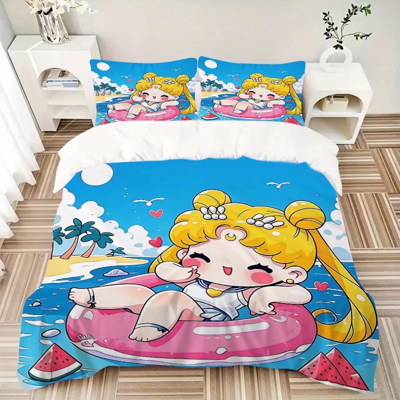 3pcs Happy Sailor Moon Printed Bedding Set, Soft and Comfortable Quilt Cover for Bedroom, Guest Room (1 Duvet Cover + 2 Pillowcases, Pillow