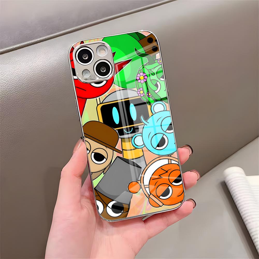 Kreslený herný obal Sprunki na telefón pre iPhone 17 Pro Max 15 Pro 16 14 Plus 12 13 Mini 11 Pro Nárazuvzdorný galvanicky pokovovaný sklenený kryt