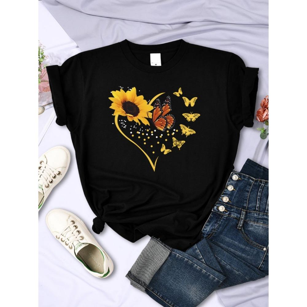 Simple Woman T-Shirts Sunflower Butterflies Heart Prints Short Sleeve Comfortable Soft O-Neck Tops Summer Casual Female Clothes