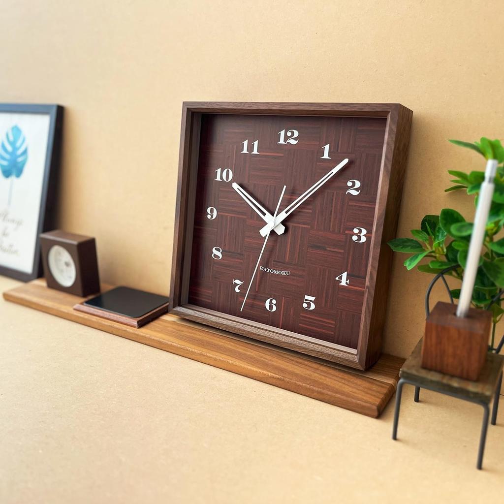 KATOMOKU muku square clock km-144WARC, walnut wood wall clock with continuous second hand (radio-controlled clock)